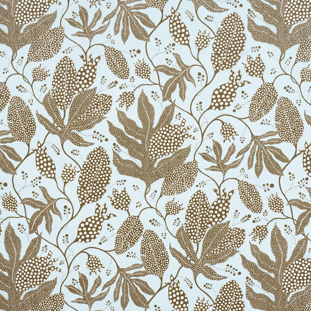 Polka Dot Jungle wallpaper by Marian McEvoy for Schumacher in brown and sky blue, featuring a large-scale botanical polka dot pattern.