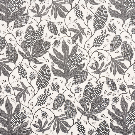 Polka Dot Jungle wallpaper by Marian McEvoy for Schumacher in black and cream, featuring a large-scale botanical and polka dot pattern.