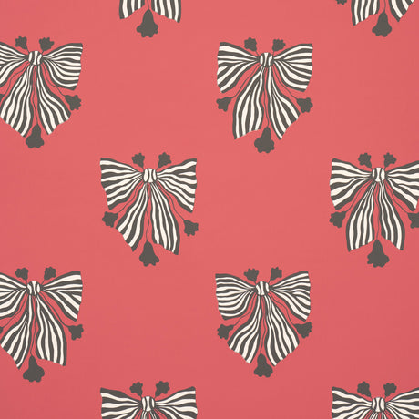 Bow-Wow-Wow wallpaper in red by Schumacher, featuring bold black and white striped bows on a vibrant red background.