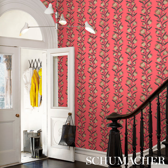 Thistle Vine Red & Gold by Marian McEvoy Botanical Stripe Wallpaper – Schumacher 5015480