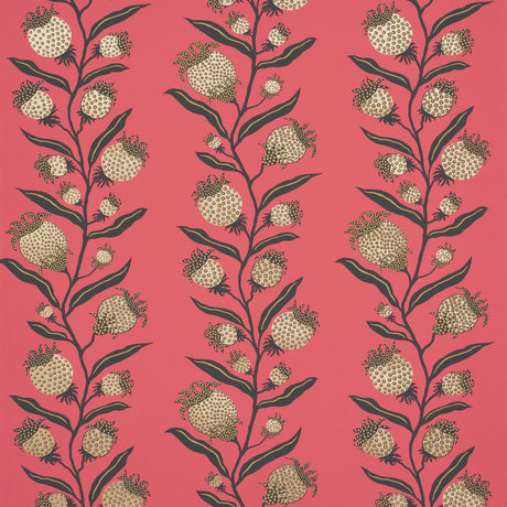 Thistle Vine wallpaper in red and gold by Marian McEvoy for Schumacher, featuring a botanical stripe pattern with metallic ink.