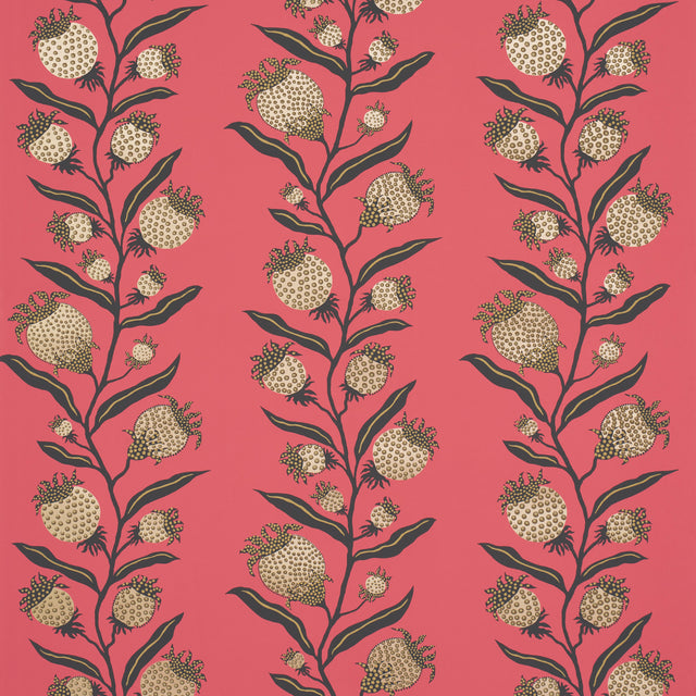Thistle Vine wallpaper in red and gold by Marian McEvoy for Schumacher, featuring a botanical stripe pattern with metallic ink.