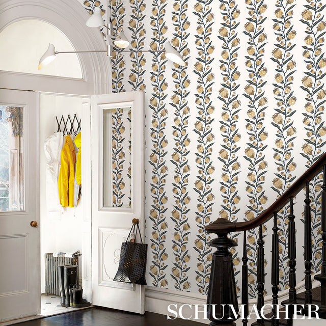 Thistle Vine Black & Gold by Marian McEvoy Botanical Stripe Wallpaper – Schumacher 5015481