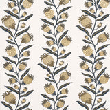 Thistle Vine wallpaper in black and gold by Marian McEvoy for Schumacher, featuring a botanical serpentine stripe pattern with metallic ink.