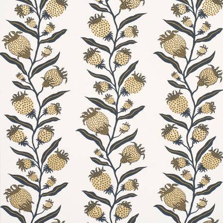 Thistle Vine wallpaper in black and gold by Marian McEvoy for Schumacher, featuring a botanical serpentine stripe pattern with metallic ink.