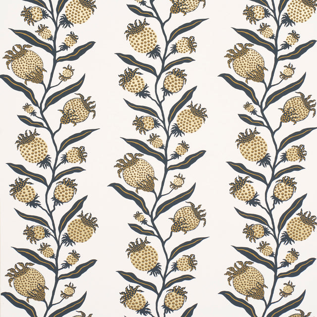 Thistle Vine wallpaper in black and gold by Marian McEvoy for Schumacher, featuring a botanical serpentine stripe pattern with metallic ink.
