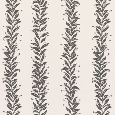 Tendril Stripe wallpaper by Marian McEvoy for Schumacher in black and cream, featuring a graceful vine pattern on a flat paper ground.