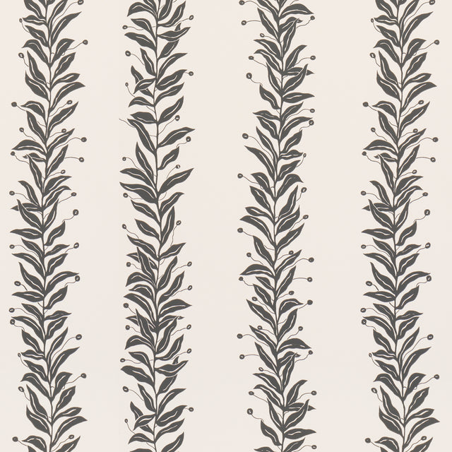 Tendril Stripe wallpaper by Marian McEvoy for Schumacher in black and cream, featuring a graceful vine pattern on a flat paper ground.