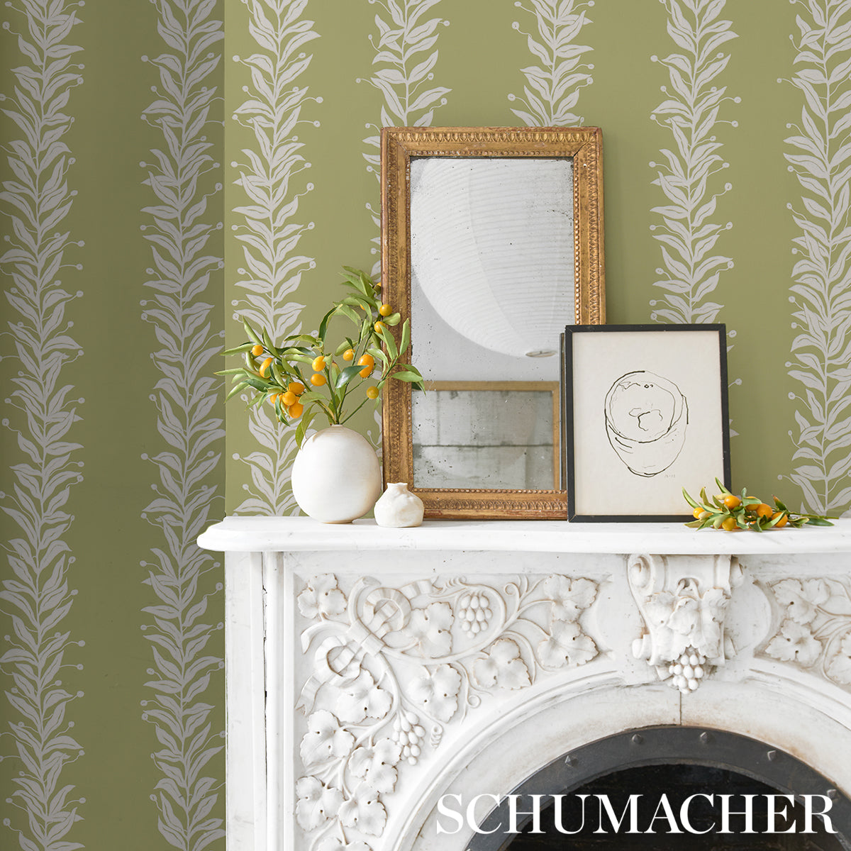 Tendril Stripe Olive by Marian McEvoy Botanical Stripe Wallpaper – Schumacher 5015492