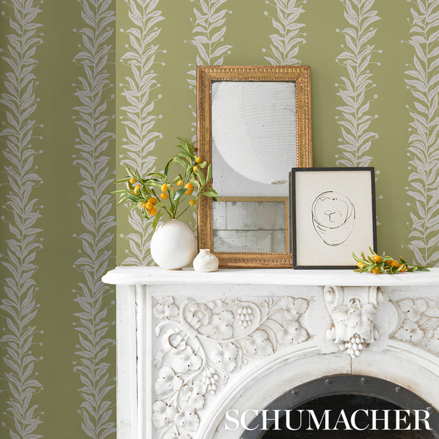 Tendril Stripe Olive by Marian McEvoy Botanical Stripe Wallpaper – Schumacher 5015492