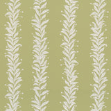 Tendril Stripe wallpaper in olive by Marian McEvoy for Schumacher, featuring a graceful vine pattern on a green background.