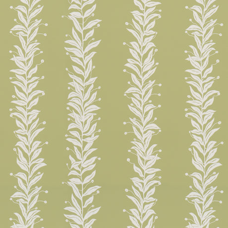 Tendril Stripe wallpaper in olive by Marian McEvoy for Schumacher, featuring a graceful vine pattern on a green background.