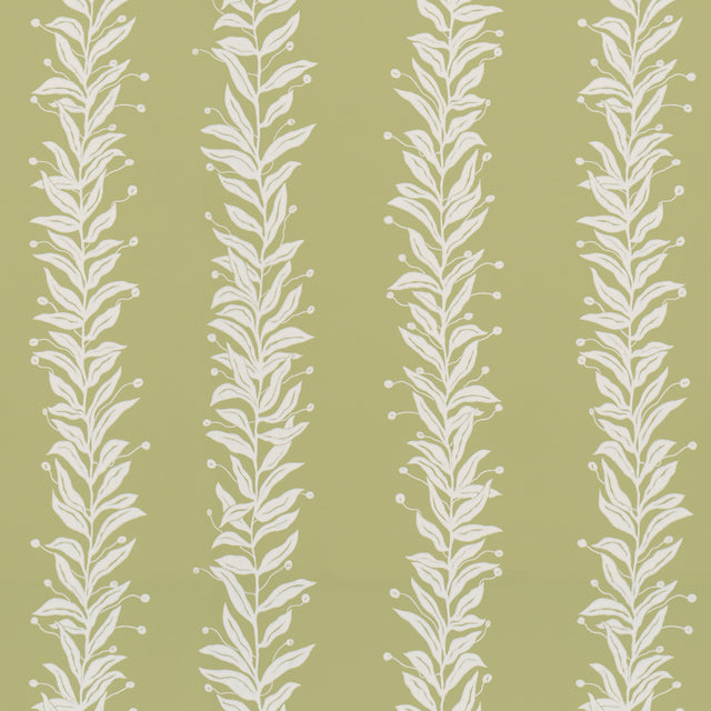Tendril Stripe wallpaper in olive by Marian McEvoy for Schumacher, featuring a graceful vine pattern on a green background.