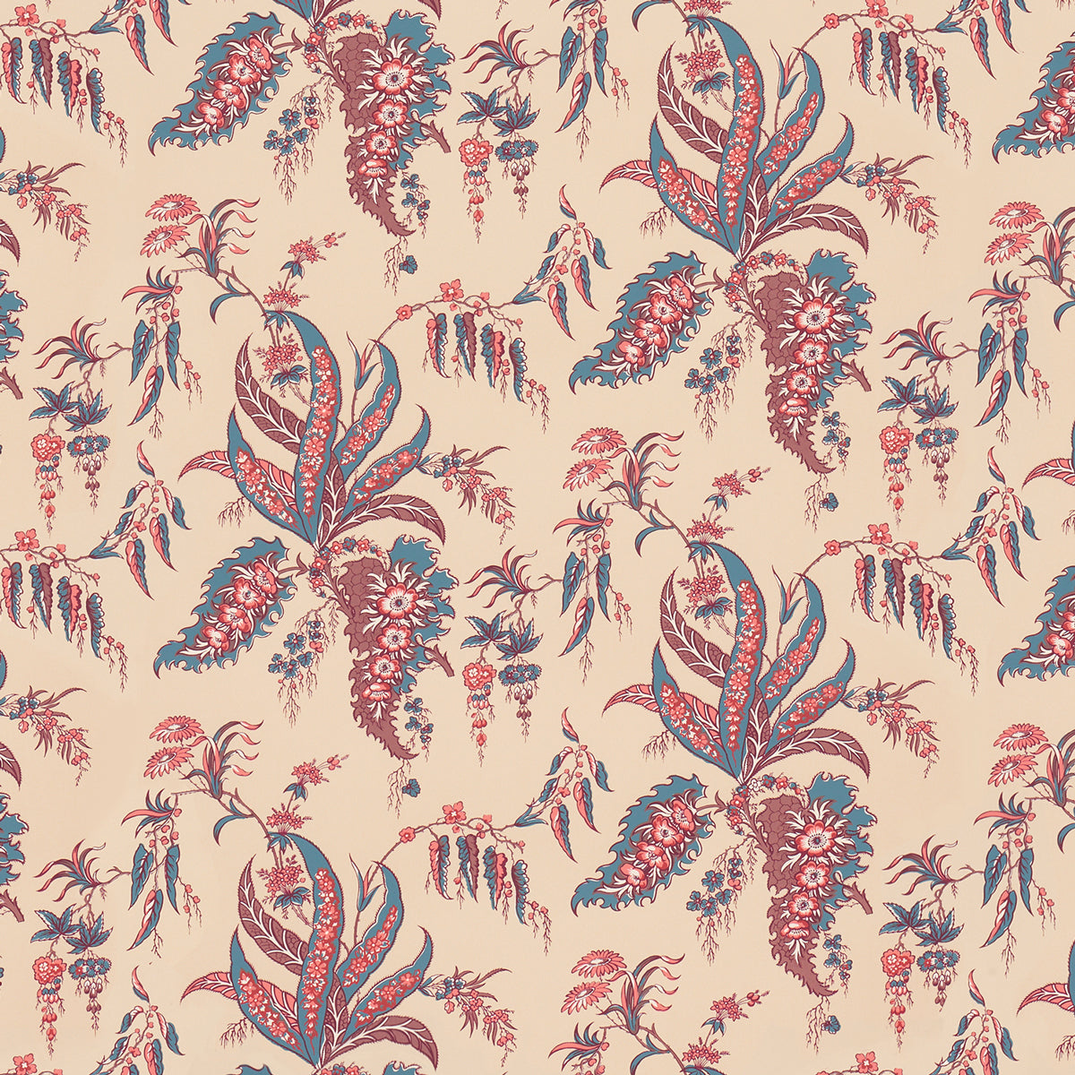 Apolline Botanical wallpaper in Rouge & Bleu, featuring a fanciful leafy floral pattern inspired by antique hand-block prints, in red and blue on a neutral background.
