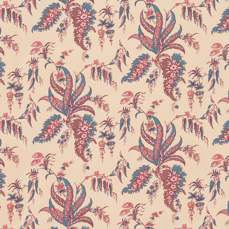 Apolline Botanical wallpaper in Rouge & Bleu, featuring a fanciful leafy floral pattern inspired by antique hand-block prints, in red and blue on a neutral background.