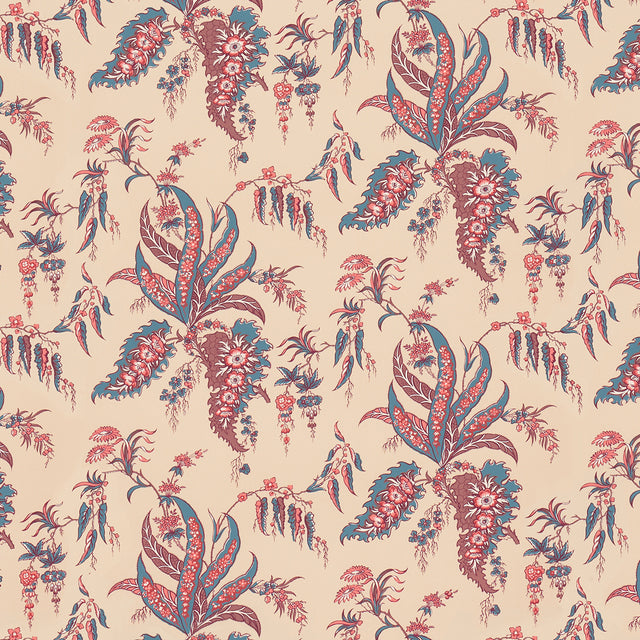 Apolline Botanical wallpaper in Rouge & Bleu, featuring a fanciful leafy floral pattern inspired by antique hand-block prints, in red and blue on a neutral background.