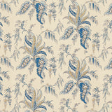 Apolline Botanical wallpaper in Ciel & Marine by Schumacher, featuring a fanciful leafy floral Ottoman-inspired pattern in blue and gold on a cream background.