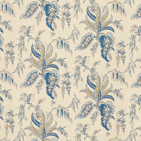 Apolline Botanical wallpaper in Ciel & Marine by Schumacher, featuring a fanciful leafy floral Ottoman-inspired pattern in blue and gold on a cream background.