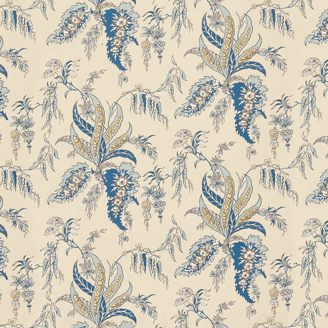 Apolline Botanical wallpaper in Ciel & Marine by Schumacher, featuring a fanciful leafy floral Ottoman-inspired pattern in blue and gold on a cream background.