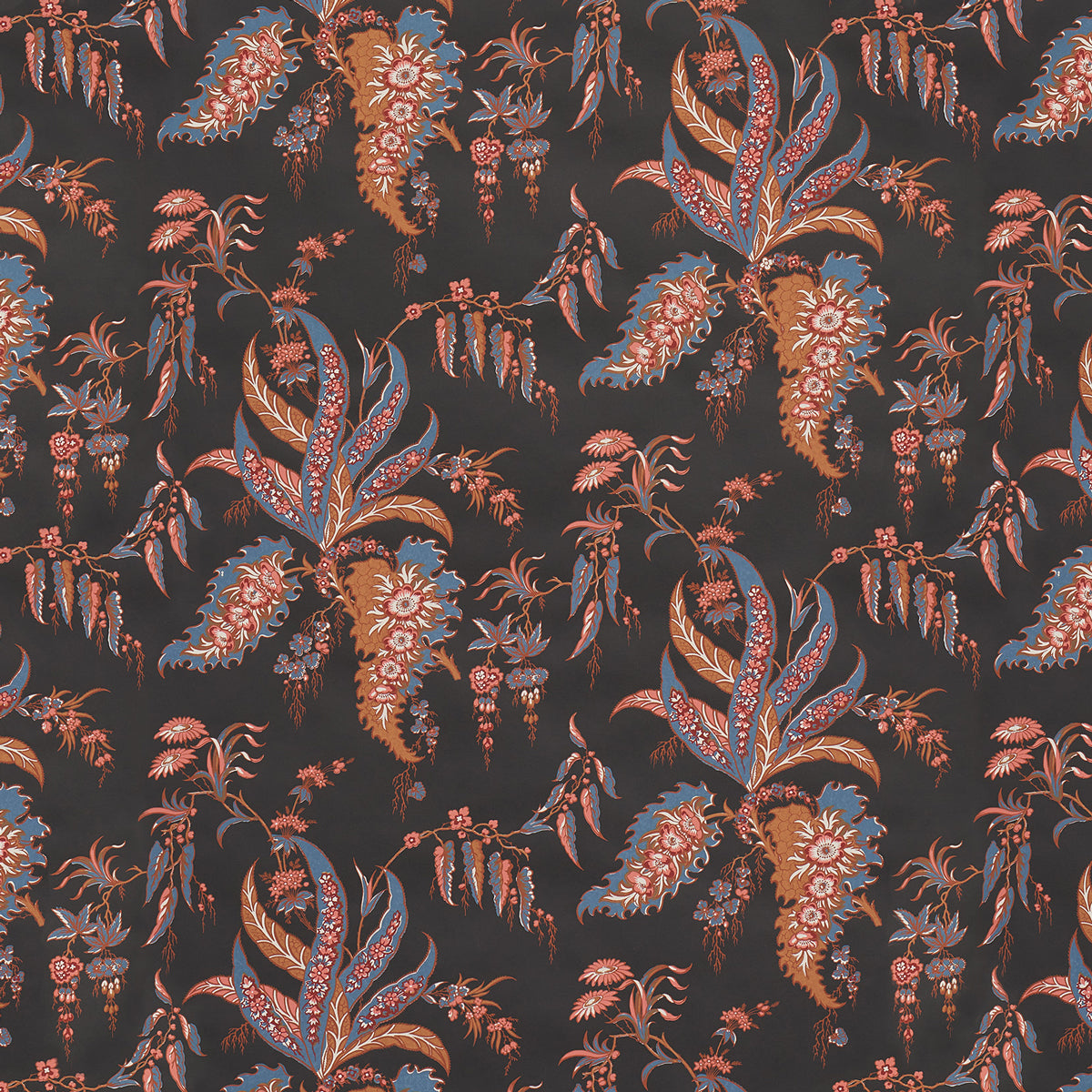 Apolline Botanical wallpaper in Rouge & Noir by Schumacher, featuring a hand screen printed, Ottoman-inspired leafy floral pattern in red, blue, and brown on a black background.