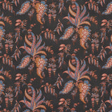 Apolline Botanical wallpaper in Rouge & Noir by Schumacher, featuring a hand screen printed, Ottoman-inspired leafy floral pattern in red, blue, and brown on a black background.