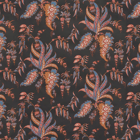 Apolline Botanical wallpaper in Rouge & Noir by Schumacher, featuring a hand screen printed, Ottoman-inspired leafy floral pattern in red, blue, and brown on a black background.