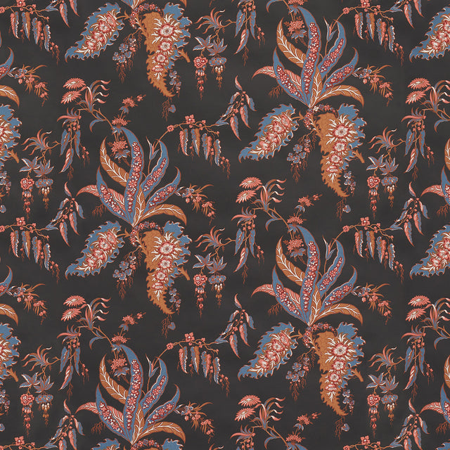 Apolline Botanical wallpaper in Rouge & Noir by Schumacher, featuring a hand screen printed, Ottoman-inspired leafy floral pattern in red, blue, and brown on a black background.