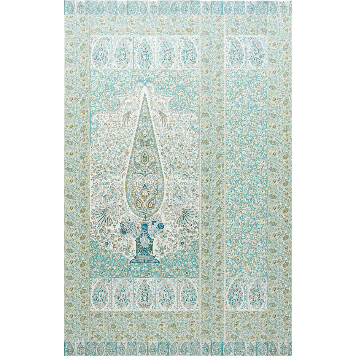 Colmery Paisley Panel Set in Peacock by Schumacher. Large-scale paisley wallpaper panel with intricate details and borders in blue and green tones.