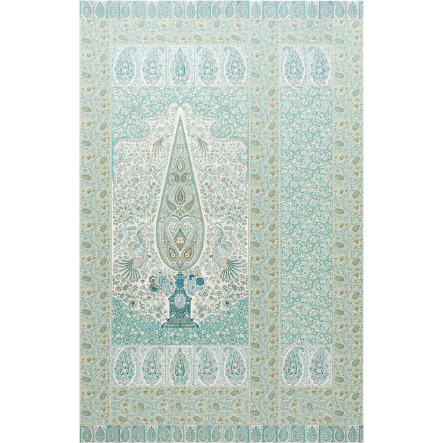 Colmery Paisley Panel Set in Peacock by Schumacher. Large-scale paisley wallpaper panel with intricate details and borders in blue and green tones.