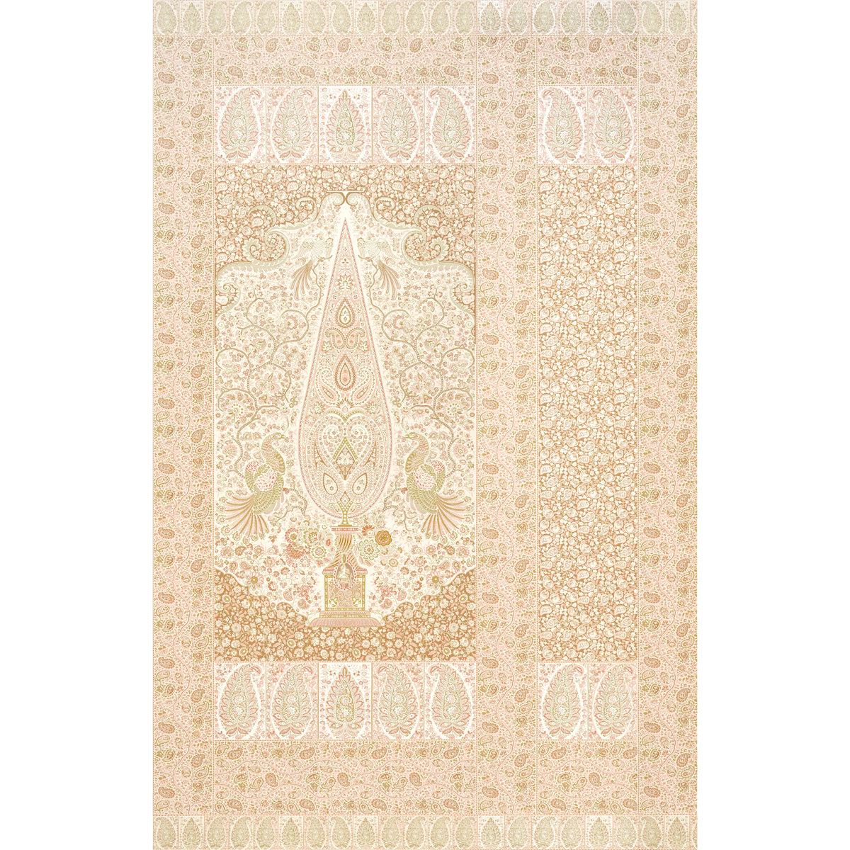 Colmery Paisley Panel Set wallpaper in Petale by Schumacher, large-scale paisley design with intricate borders and birds, shown in a styled interior.