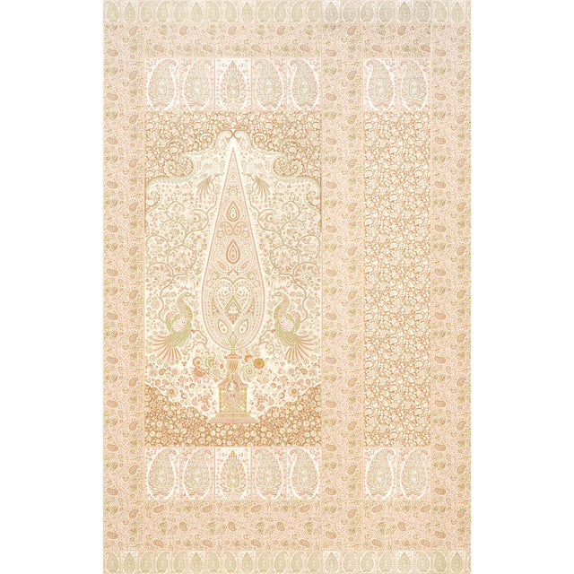 Colmery Paisley Panel Set wallpaper in Petale by Schumacher, large-scale paisley design with intricate borders and birds, shown in a styled interior.