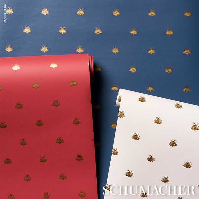 Hubert's Bees Rouge & Gold by Schumacher Metallic Bee Motif Wallpaper – Schumacher 5015532
