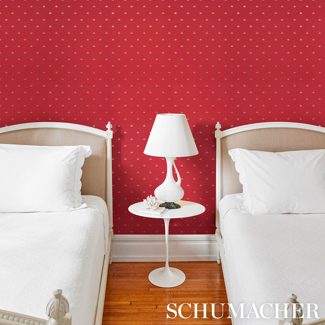 Hubert's Bees Rouge & Gold by Schumacher Metallic Bee Motif Wallpaper – Schumacher 5015532