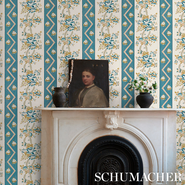Sylvain Floral Stripe Teal by Schumacher French-Inspired Floral Stripe Wallpaper – Schumacher 5015540