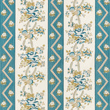 Sylvain Floral Stripe wallpaper in teal, featuring a French-inspired floral and stripe pattern with botanical elements and zigzag details.