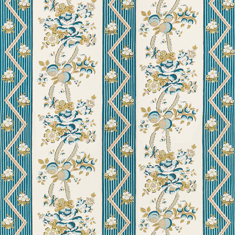 Sylvain Floral Stripe wallpaper in teal, featuring a French-inspired floral and stripe pattern with botanical elements and zigzag details.
