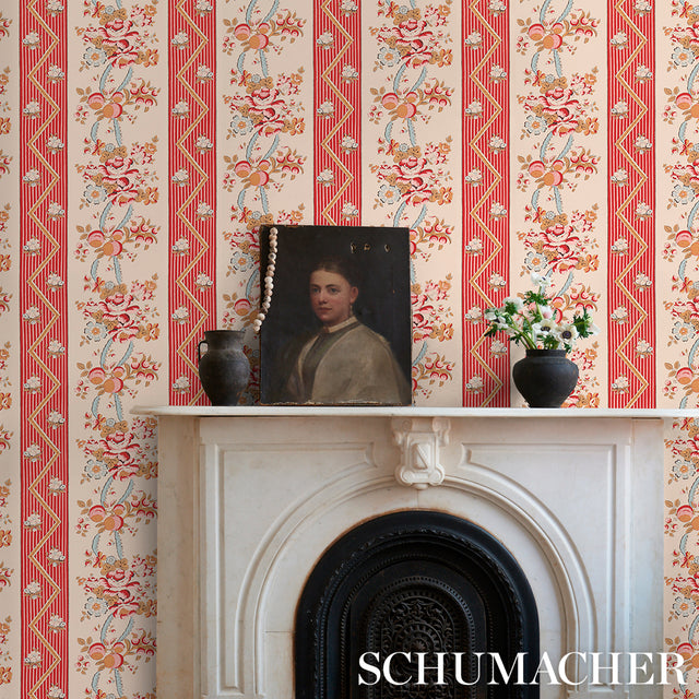 Sylvain Floral Stripe Rouge by Schumacher French Floral Stripe Wallpaper – Schumacher 5015541