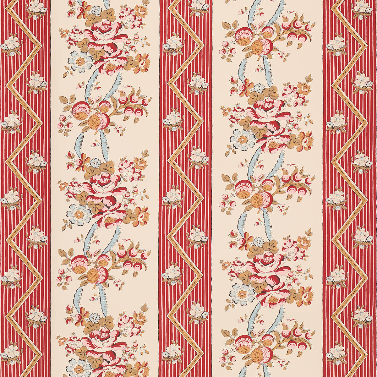 SYLVAIN FLORAL STRIPE wallpaper in Rouge by Schumacher, featuring a French-inspired floral stripe with botanical and zigzag details in red, beige, and gold tones.