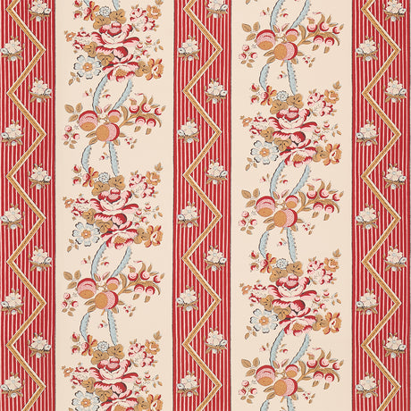 SYLVAIN FLORAL STRIPE wallpaper in Rouge by Schumacher, featuring a French-inspired floral stripe with botanical and zigzag details in red, beige, and gold tones.