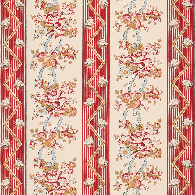 SYLVAIN FLORAL STRIPE wallpaper in Rouge by Schumacher, featuring a French-inspired floral stripe with botanical and zigzag details in red, beige, and gold tones.