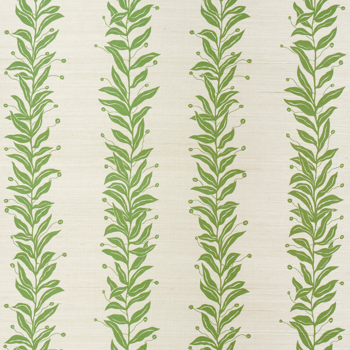 Tendril Stripe Sisal wallpaper in olive green by Marian McEvoy for Schumacher, featuring vertical vine stripes on a sisal-textured background.