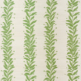 Tendril Stripe Sisal wallpaper in olive green by Marian McEvoy for Schumacher, featuring vertical vine stripes on a sisal-textured background.