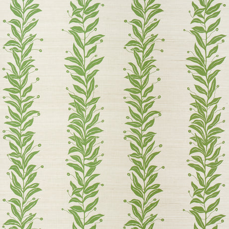 Tendril Stripe Sisal wallpaper in olive green by Marian McEvoy for Schumacher, featuring vertical vine stripes on a sisal-textured background.