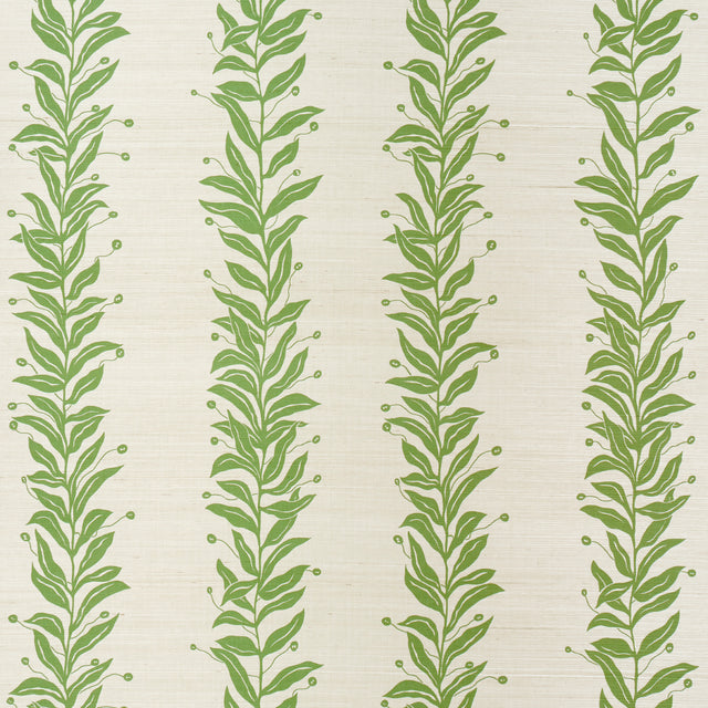 Tendril Stripe Sisal wallpaper in olive green by Marian McEvoy for Schumacher, featuring vertical vine stripes on a sisal-textured background.