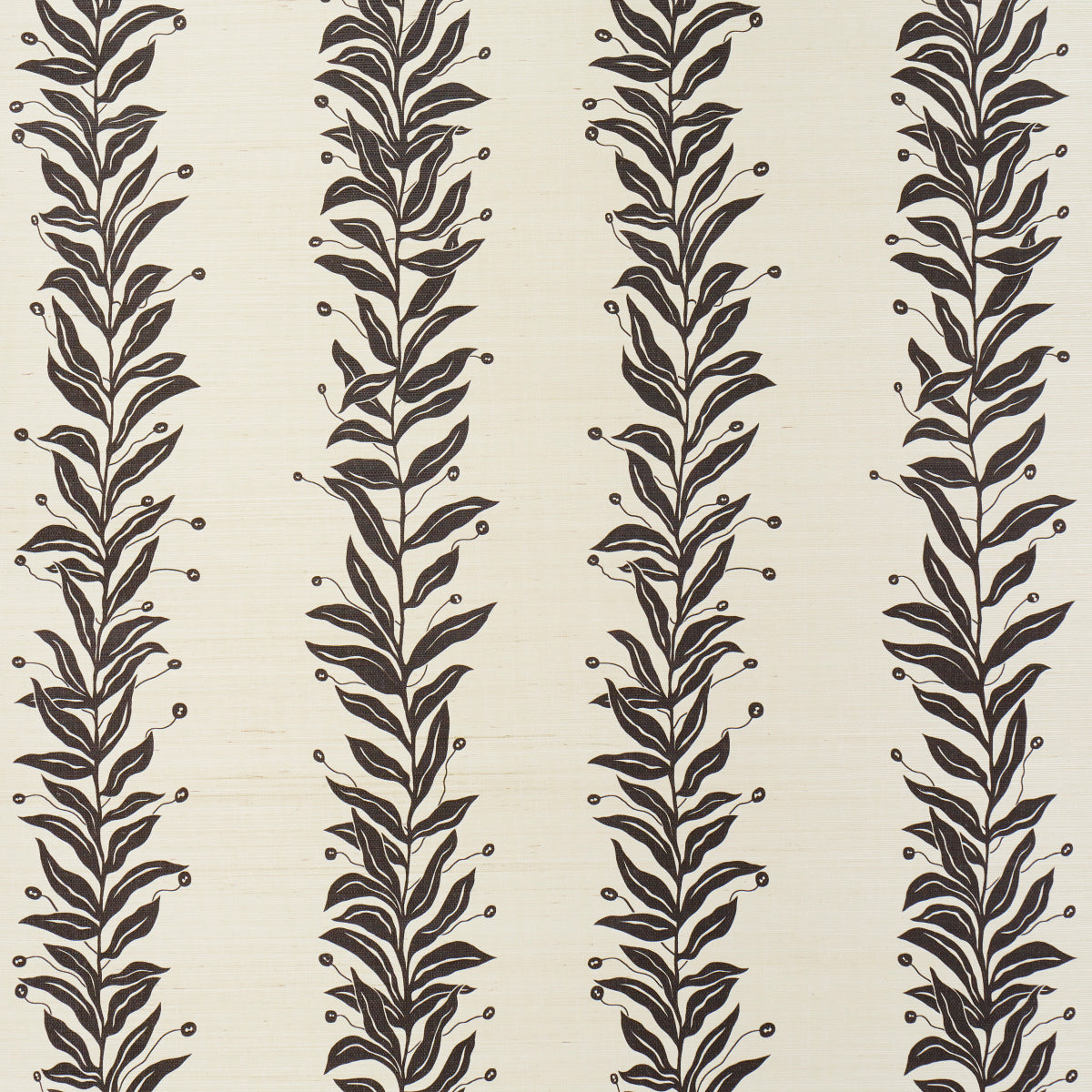 Tendril Stripe Sisal wallpaper in black and cream by Marian McEvoy for Schumacher, featuring a graceful vine stripe botanical pattern on sisal.