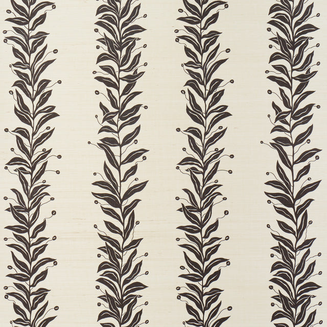 Tendril Stripe Sisal wallpaper in black and cream by Marian McEvoy for Schumacher, featuring a graceful vine stripe botanical pattern on sisal.