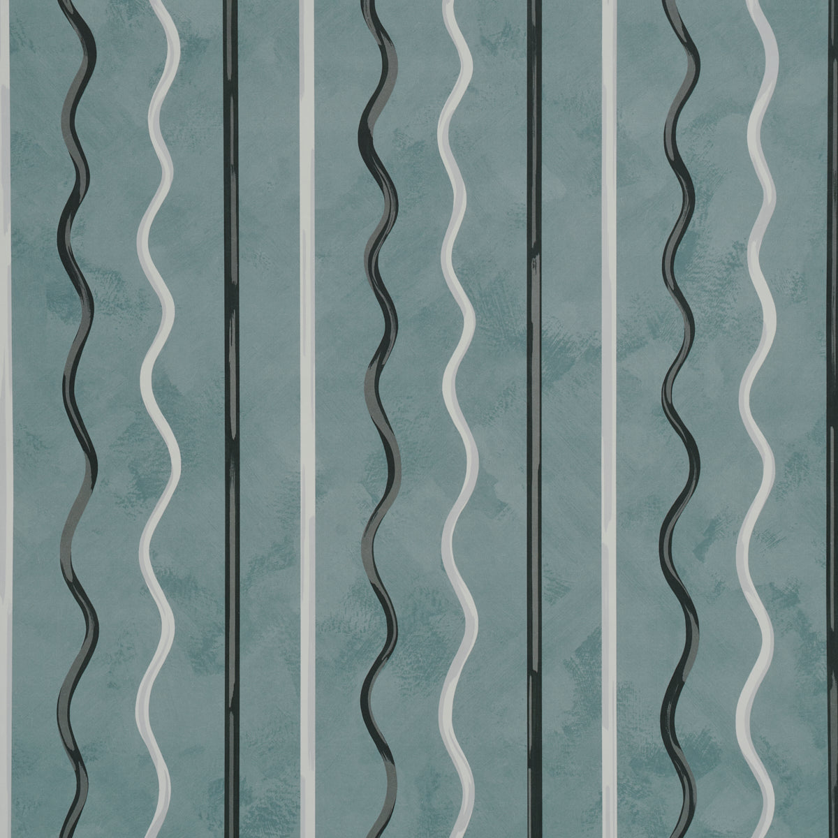 Backdrop Affogato wallpaper in blue gray with painterly serpentine stripes, shown in detail and styled in a modern interior.