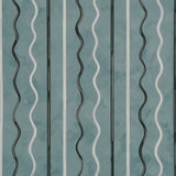 Backdrop Affogato wallpaper in blue gray with painterly serpentine stripes, shown in detail and styled in a modern interior.