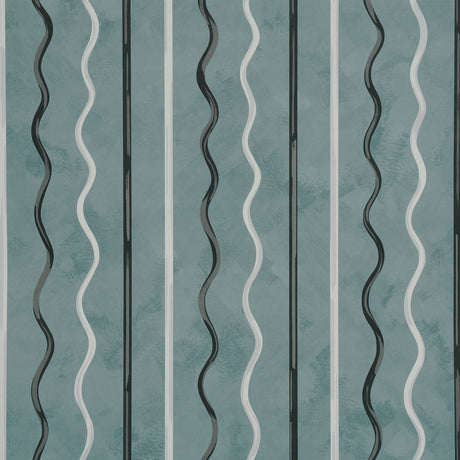Backdrop Affogato wallpaper in blue gray with painterly serpentine stripes, shown in detail and styled in a modern interior.