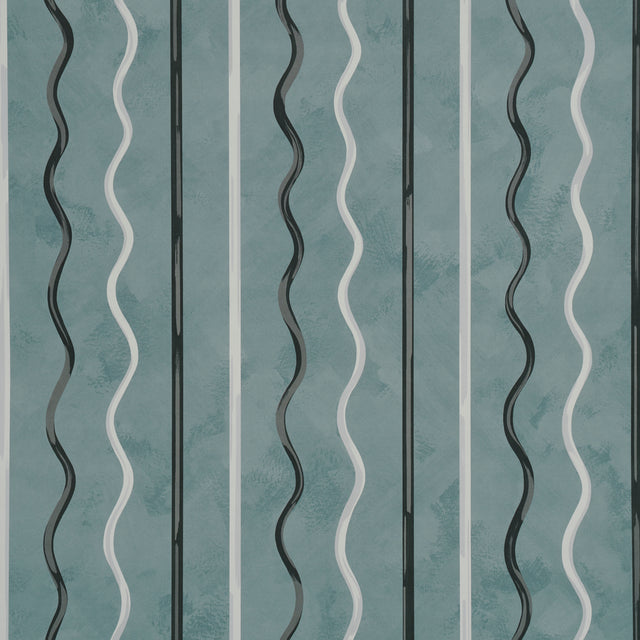 Backdrop Affogato wallpaper in blue gray with painterly serpentine stripes, shown in detail and styled in a modern interior.
